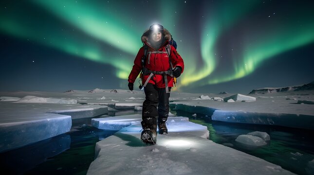 Adventurer hiking on arctic ice under the spectacular green aurora borealis night sky.