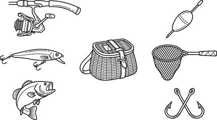 Fishing Gear and Equipment Icon Set with Rod, Reel, Lure, Basket, Net, Fish, and Hooks for Outdoor Graphic Designs and Illustrations © Morjina