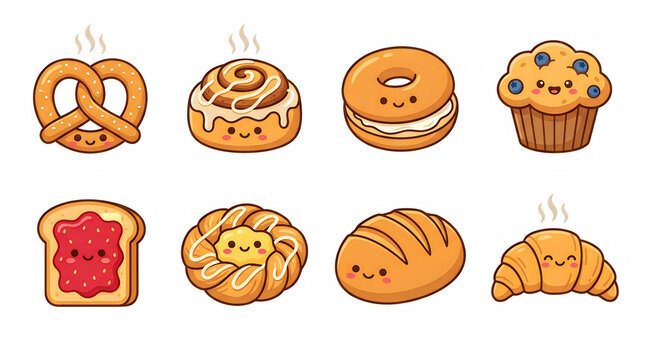 Cute kawaii baked goods and pastry collection set on transparent background