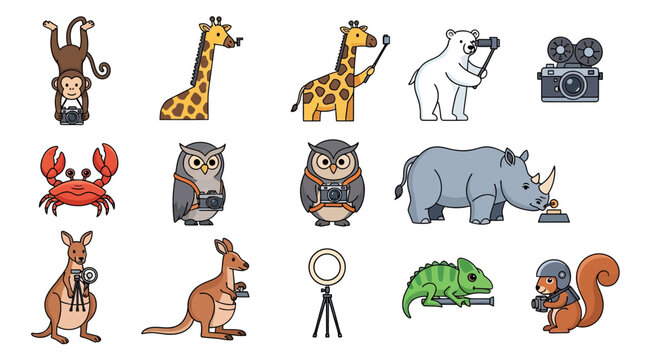 Cute animal characters using cameras and filming equipment.