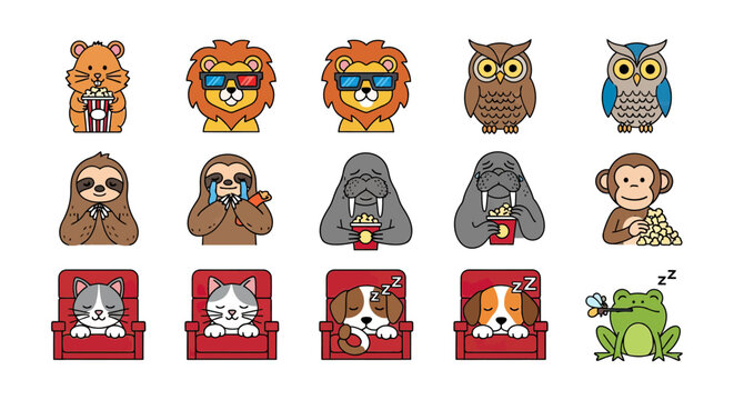Cute animals eating snacks and watching movies collection.