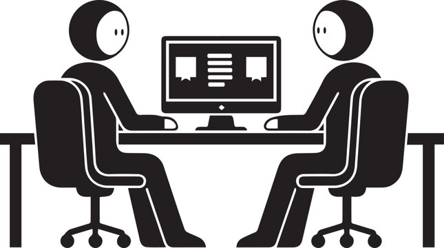 Two stick figures sitting at desk with computer in office setting