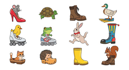 Fototapeta premium Cute animals wearing shoes and colorful boots illustration.