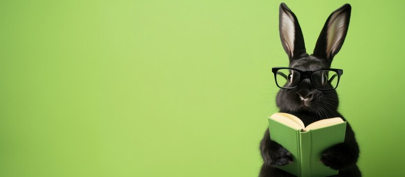 Funny smart black rabbit wearing eyeglasses holding and reading a book against a solid green background