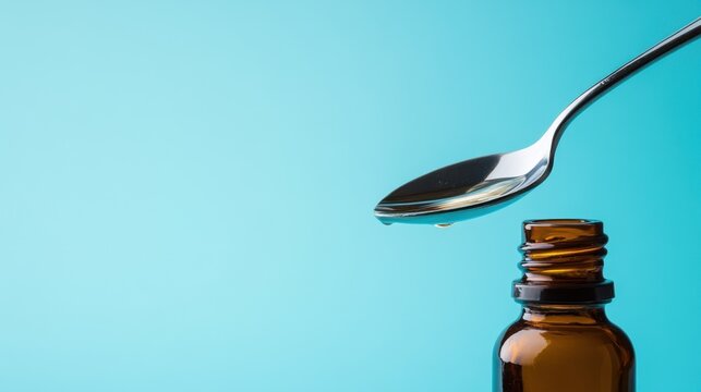 Clear golden liquid medicine or oil pouring from a brown glass bottle into a steel spoon
