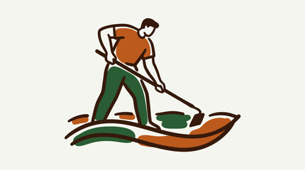 Obraz premium A person is hoeing seeds in an organic garden landscape with a hand-drawn illustration.
