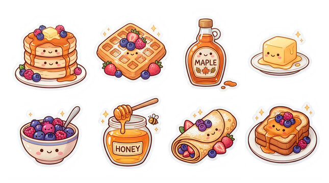 Cute kawaii breakfast food stickers set with pancakes and waffles on transparent background with berries