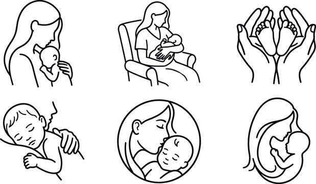 Motherhood and Baby Line Art Icon Set Featuring Mothers Hugging, Nursing, and Holding Newborn Infants for Parenting Apps, Posters, and Minimalist Graphic Designs,