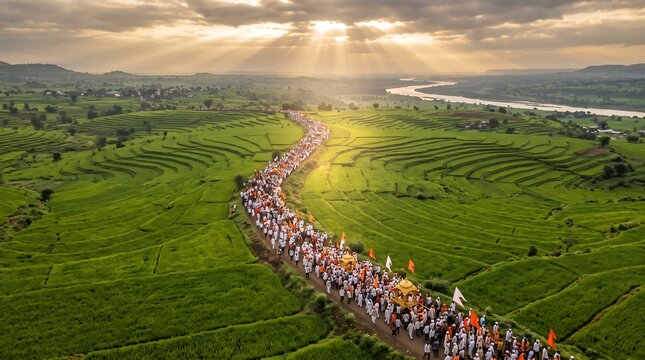  Aerial View Warkari Pilgrimage Procession Green Fields Sunrise