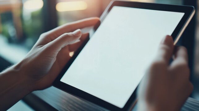 Close up of human hands holding a modern digital tablet with a blank white mockup screen
