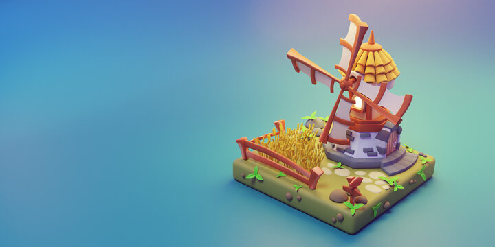 Windmill on blue background. Agriculture and countryside landscape concept. Design for postcard, banner, wallpaper, greeting card. 3d render illustration.