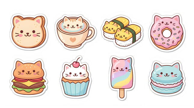 Cute kawaii cat food sticker set with rendered colorful kawaii style isolated transparent background