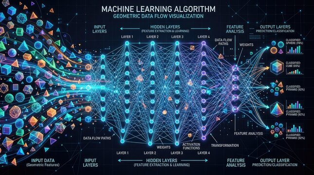Abstract visualization of machine learning algorithm processing big data with learning algorithm artificial intelligence processing technology information computing analytics software