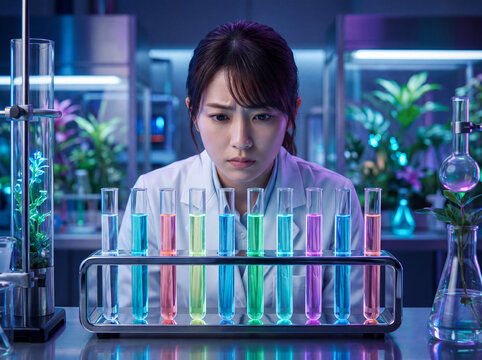 近未来的なラボで色鮮やかな試験管を真剣に見つめる女性研究者