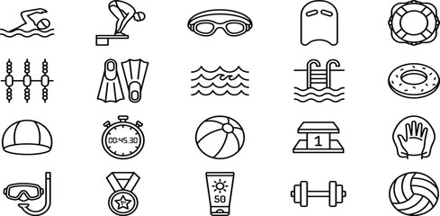 Swimming and Water Sports Outline Icon Collection Featuring Swimmer Diving Goggles Pool Equipment Beach Ball and Fitness Vector Illustration Set © Mimi