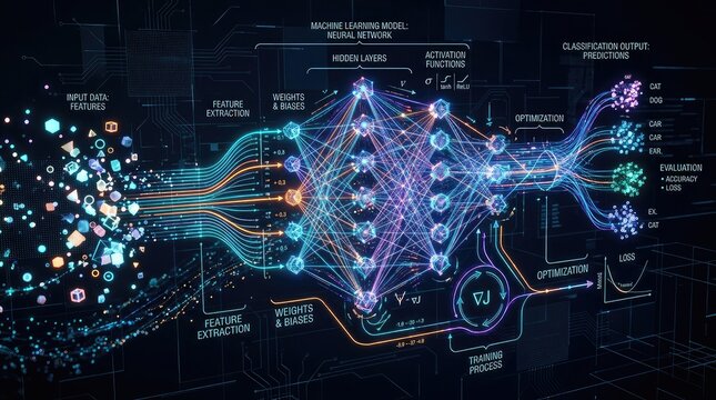 Futuristic artificial intelligence neural network data flow diagram with artificial intelligence learning technology abstract computing algorithm processing connection information