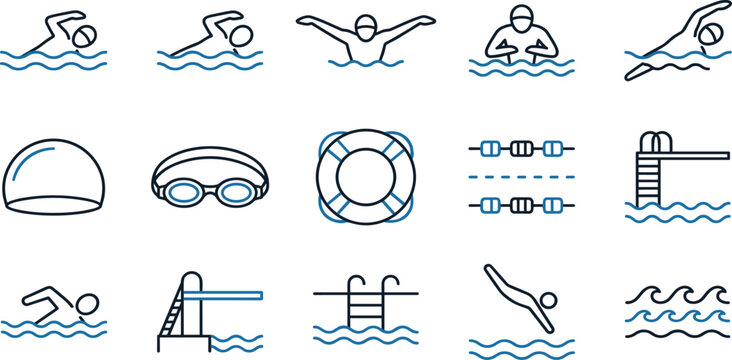 Swimming and Pool Outline Icon Collection Featuring Swimmers Goggles Lifebuoy Diving Board Lane Ropes and Aquatic Sports Vector Illustration Set