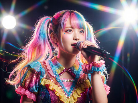 華やかな衣装でステージのスポットライトを浴びて熱唱する女性アイドル