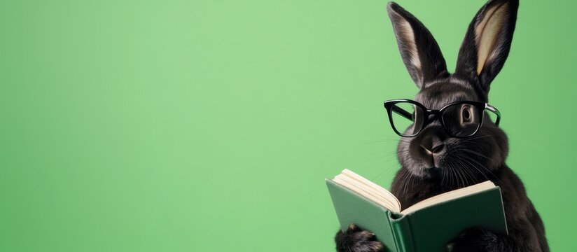 Funny smart black rabbit wearing eyeglasses holding and reading a book against a solid green background
