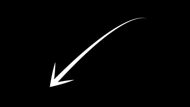 Clean white animated arrow pointing downward to the left. Perfect minimalist motion graphic element for video editing.4k animation.