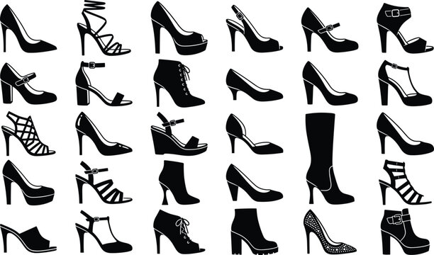 Women High Heels and Boots Silhouette Icon Set with Pumps Sandals Wedges and Booties for Fashion Retail E Commerce Stores Beauty Blogs and Stylist Branding Elements