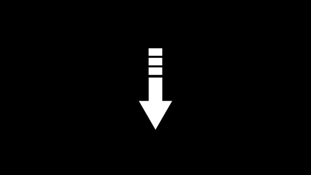 Minimalist white vertical arrow flashing and pointing downwards. High-quality motion graphic & height regulation animation.