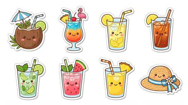 Set of cute kawaii summer tropical fruit drinks and sun hat on transparent background with refreshment