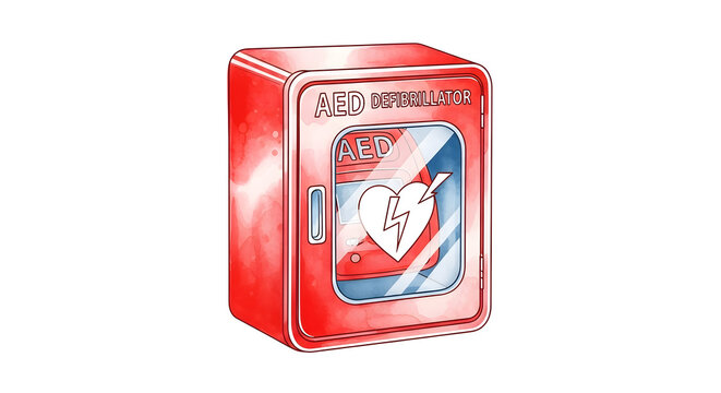 A red Automated External Defibrillator AED box is placed on a surface.