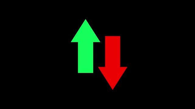 Green up arrow and red down arrow blinking side-by-side. Dynamic stock market, trading, and finance indicator element & 4k video.
