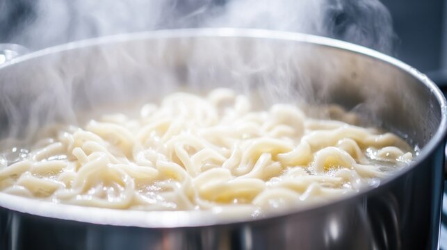 Close up of traditional Italian pasta boiling in a hot steel pot with rising steam on the kitchen