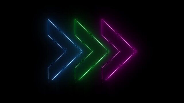 Dynamic triple chevron arrows glowing in blue, green, and pink neon pointing right. 4k animation.