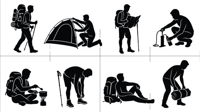 Vector silhouette collection of active backpackers setting up camp hiking reading maps and cooking isolated on a white background