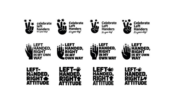Left handers day typography set with hand gestures and inspiring quotes on white background