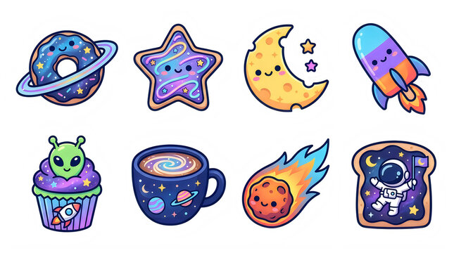 Cute space themed kawaii sticker set with cosmic snacks transparent background eight whimsical space