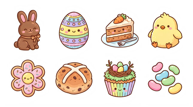 Collection of cute kawaii easter themed icons isolated on transparent background with hot cross bun