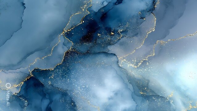 Deep blue and gold alcohol ink abstract background with metallic veins