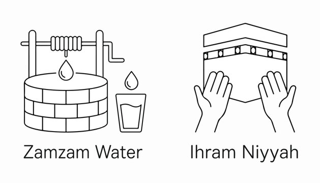 Islamic Hajj and Umrah icons, Zamzam water well and Ihram Niyyah prayer symbols, black and white line art vector set for religious guides