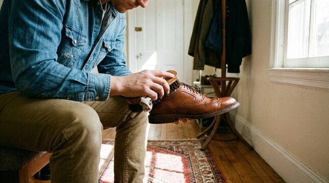 man sitting tying brown leather brogue shoes with person