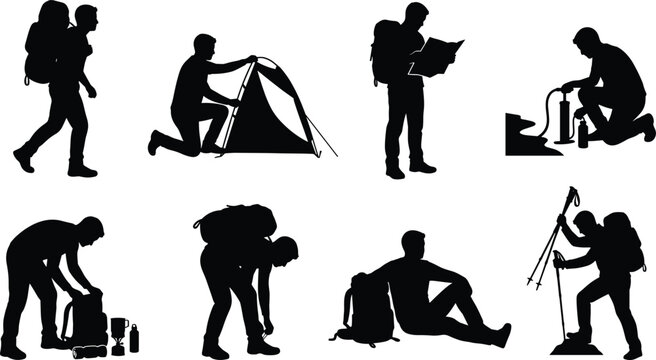 Vector silhouette collection of backpackers setting up a tent hiking reading maps and outdoor camping isolated on white background