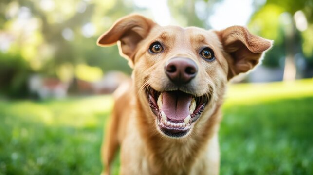 Close up portrait of an alert and happy brown dog smiling on a green lawn