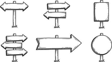 Hand drawn wooden signpost doodle vector icon set with blank directional arrows notice boards and signs © Shukimon