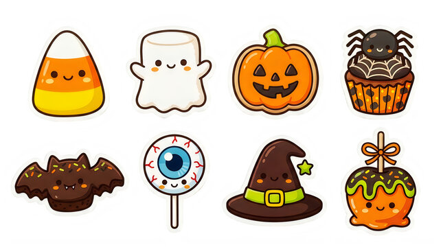 Set of cute kawaii halloween character stickers on transparent background with collection eight charming