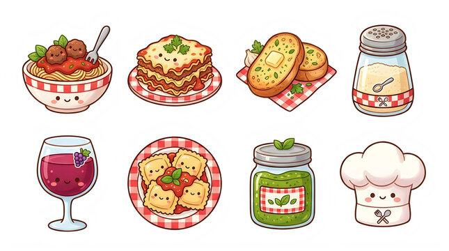 Collection of cute italian cuisine illustrations set on transparent background with various italian food