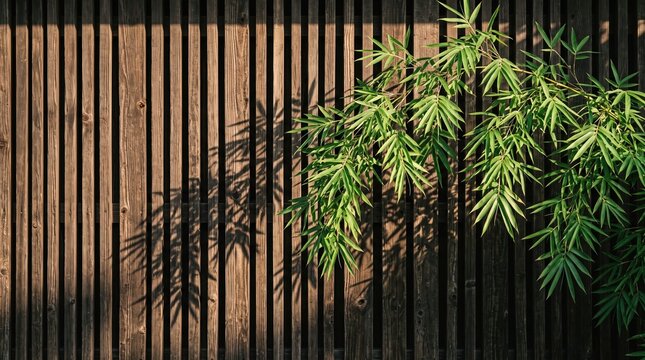 Green bamboo branches casting shadows on vertical wooden fence slats with vertical branches background exterior