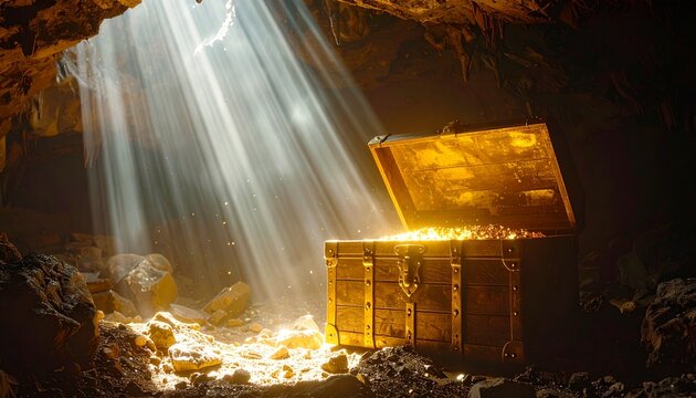 Mysterious Open Treasure Chest Illuminated by Sunbeams in a Cave
