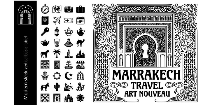Marrakech Morocco Travel Art Nouveau Black White-Souk Arch Tile Border Medina-Destination Vector-Marrakech Icon Art Nouveau-Travel Poster Design Set