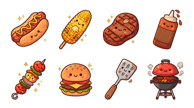 Cute kawaii barbecue food and grill utensil icon collection on transparent background with character