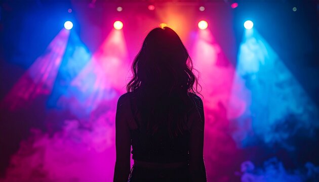 Silhouette of a Woman Facing Vibrant Neon Stage Lights and Fog