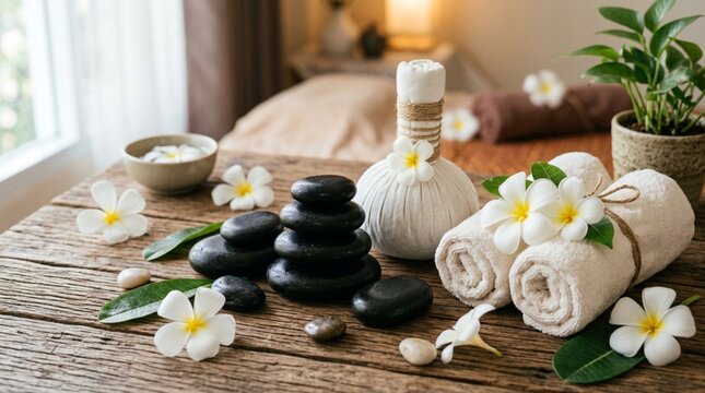 A serene wellness arrangement on a rustic wooden table featuring stacked black massage stones, rolled white towels, an herbal compress, and delicate frangipani flowers.