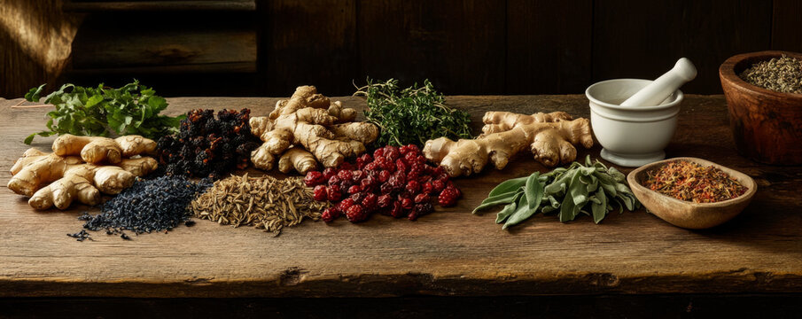 Assorted Herbs and Spices on Rustic Wooden Table